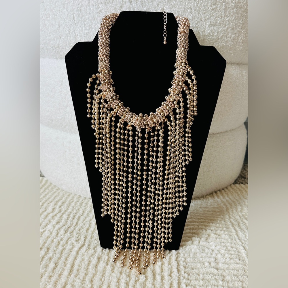 H&M Gold Beaded Fringe Statement Necklace